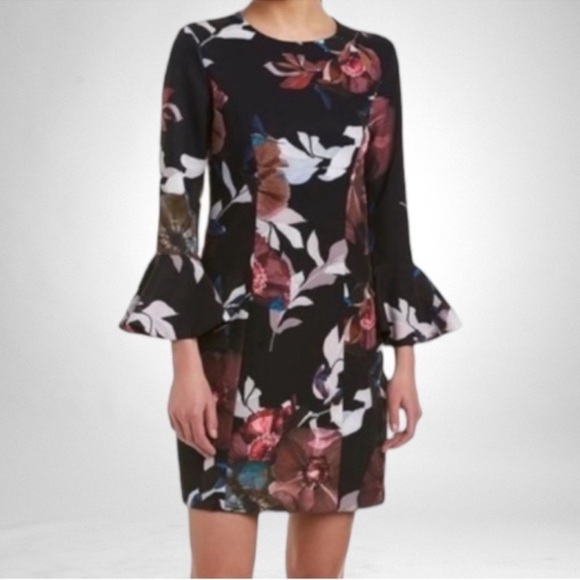 Trina Turk Panache 2 Faye Blk/Floral Bell Sleeve SZ 4 - Picture 1 of 12
